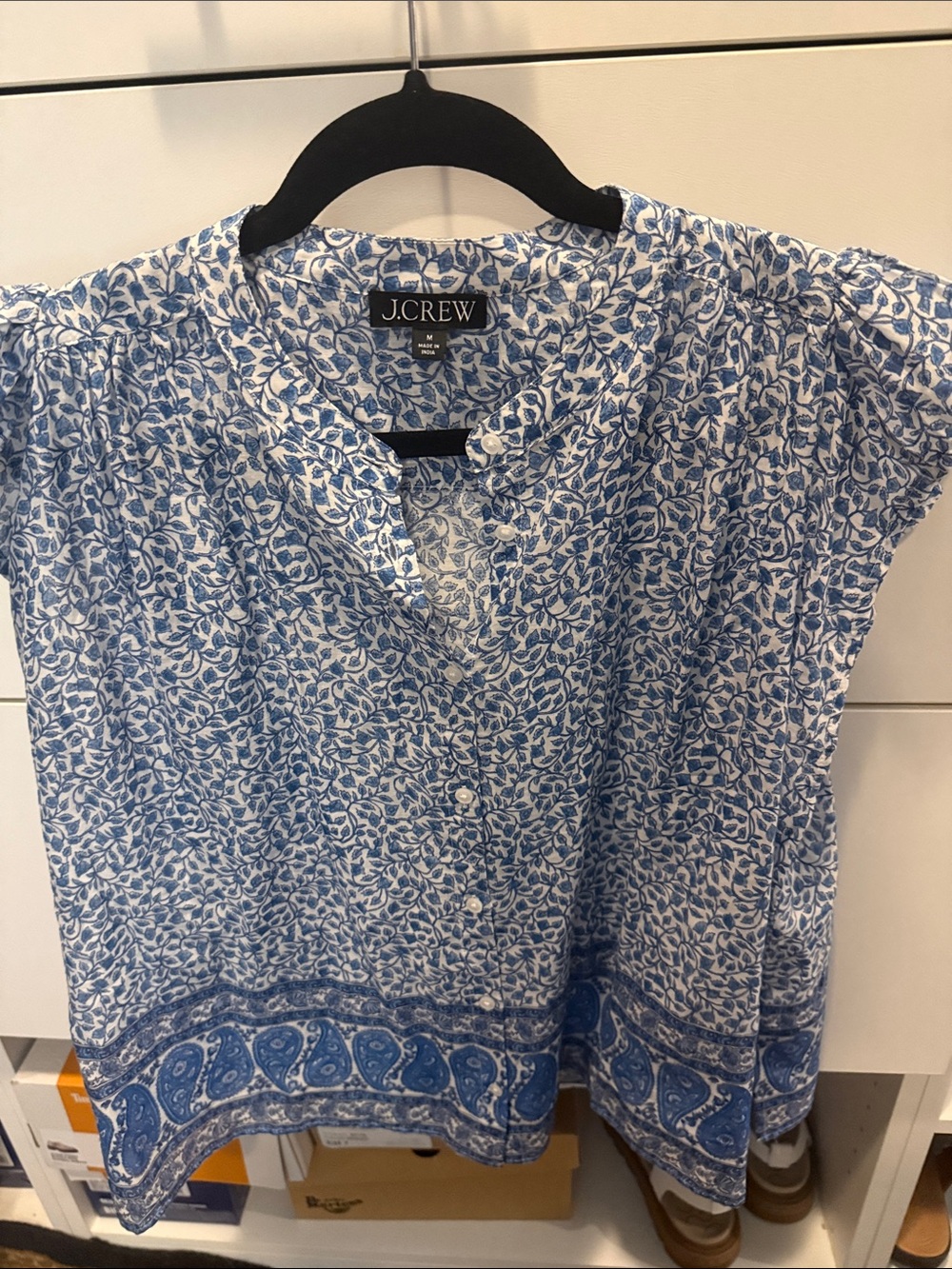 J. Crew Blue and White Paisley-Trim Button Front Blouse